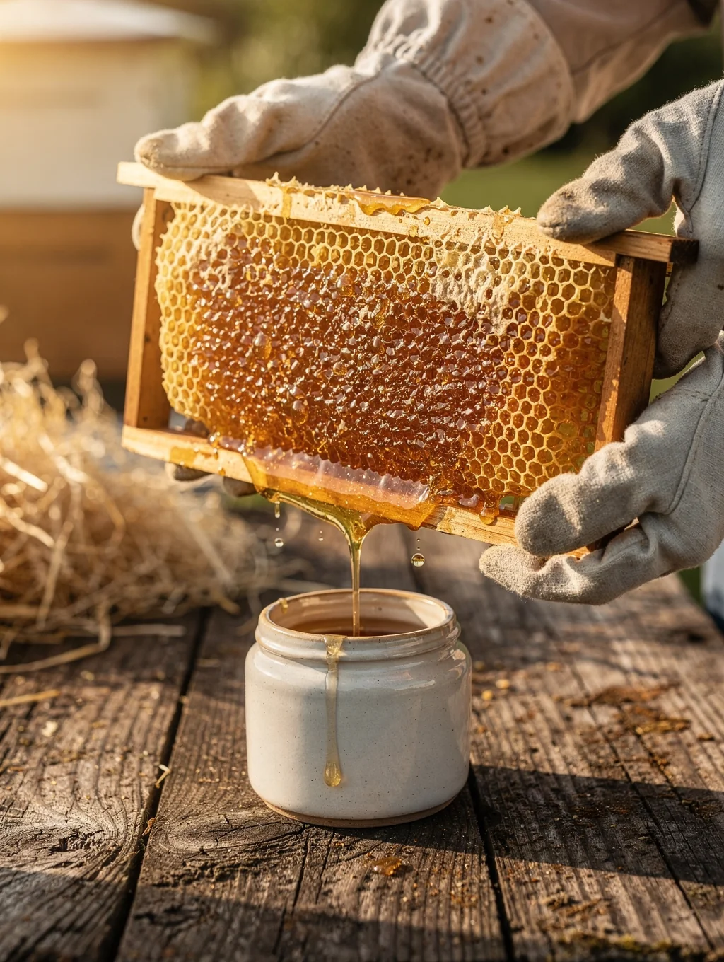 Beekeeper gently inspecting wild raw honey frames surrounded by native floral blossoms