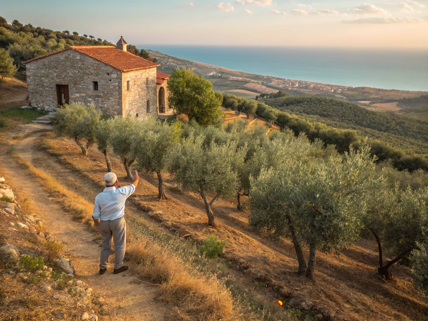 Sunlit mature olive groves beneath Cape Town mountain ridges