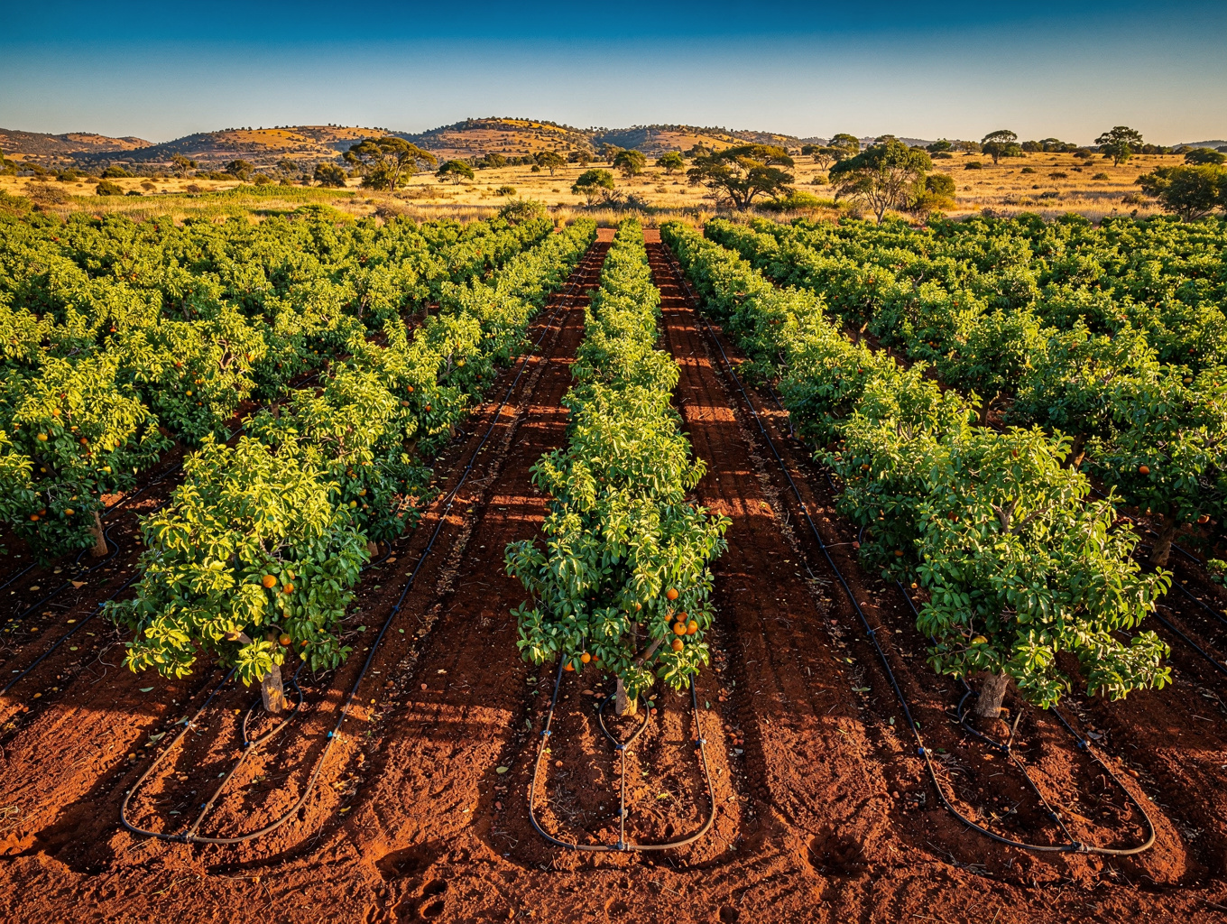 Rows of low-growing organic rooibos shrubs on flat Cederberg sandy terrain under golden sunlight